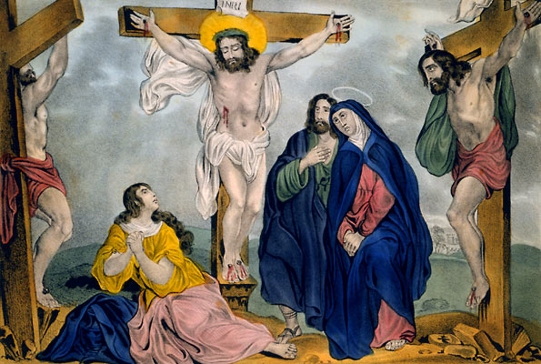 Jesus raised on the cross - lithograph by James Baillie.